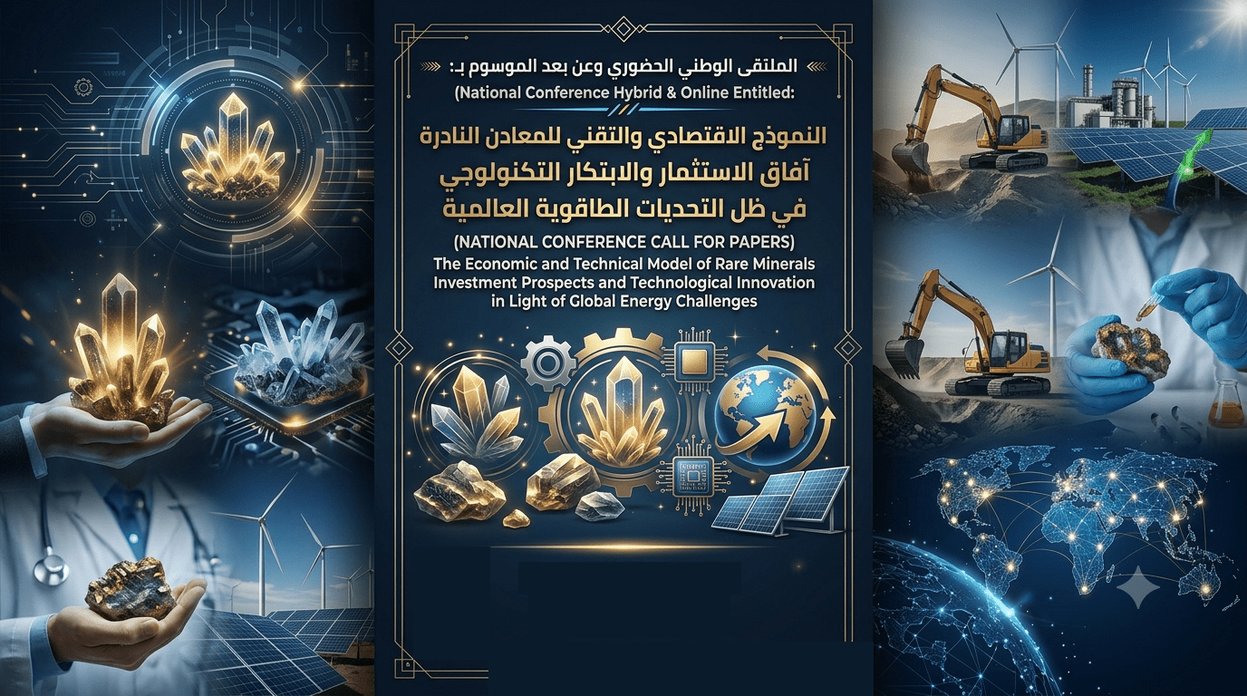 الملتقى الوطني الحضوري وعن بعد الموسوم بـ: النموذج الاقتصادي والتقني للمعادن النادرة آفاق الاستثمار والابتكار التكنولوجي في ظل التحديات الطاقوية العالمية (NATIONAL CONFERENCE CALL FOR PAPERS The Economic and Technical Model of Rare Minerals Investment Prospects and Technological Innovation in Light of Global Energy Challenges)